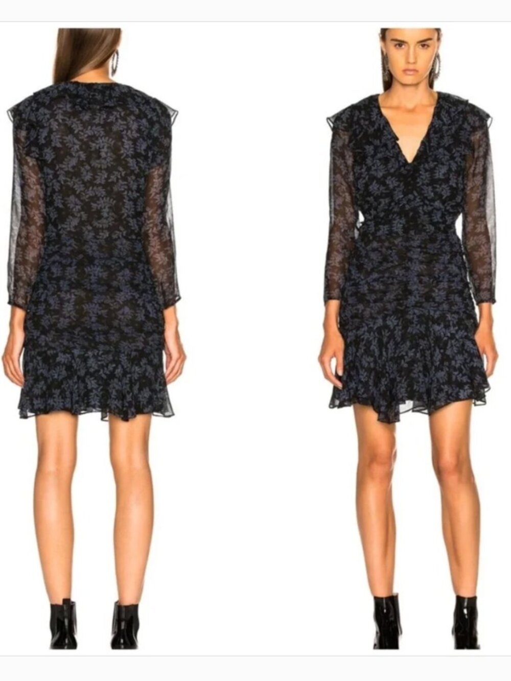Veronica Beard Silk Chiffon Long-Sleeve Floral Ruffle Dress in Black x Blue Sz 0